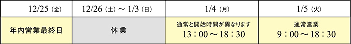 年末年始の営業のご案内