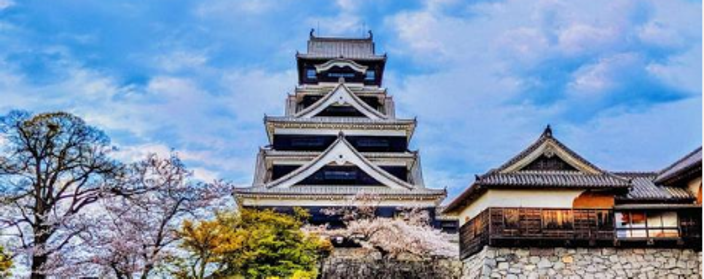 熊本城が桜と青空に囲まれている