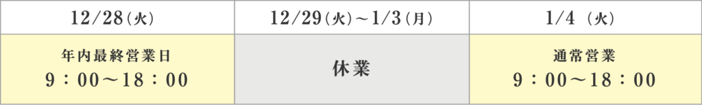 年末年始の営業のご案内