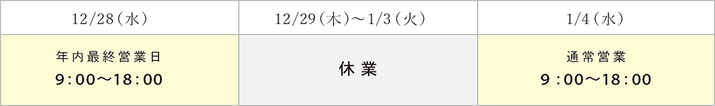 年末年始の営業のご案内