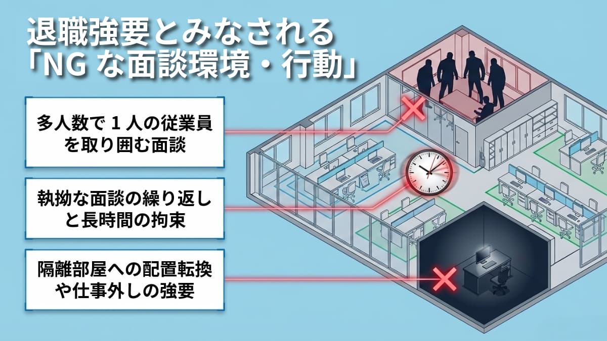 言葉だけじゃない！退職強要とみなされる「NGな面談環境・行動」